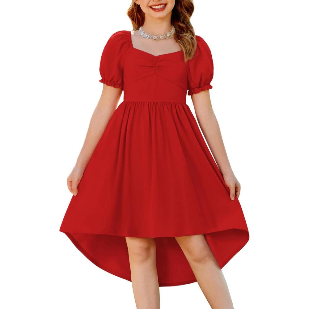 image:imageArshiner Girls Summer Dress Puff Sleeve High Low Swing Off Shoulder Formal Dresses with PocketRed