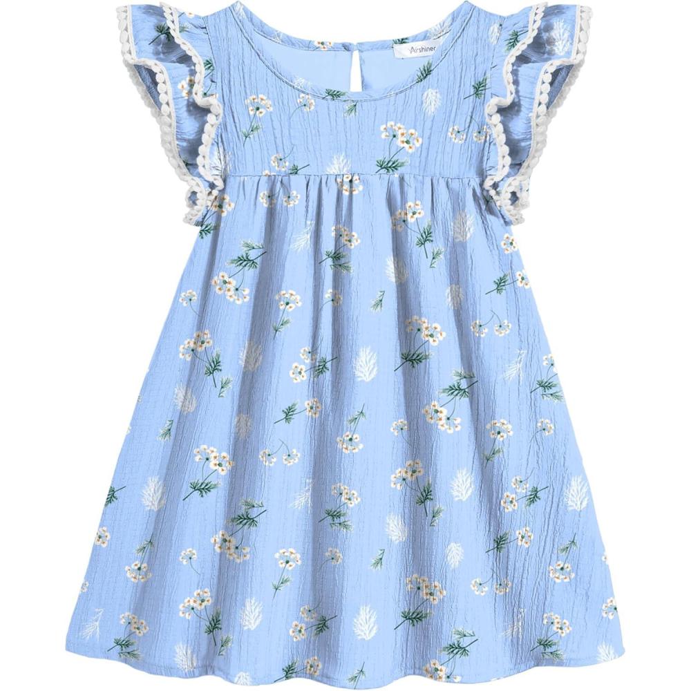 image:imageArshiner Girls Summer Dress Toddler Ruffle Sleeve Dresses Kids Swing Casual Beach Boho Sundress with Pockets for 17tBlue White Floral