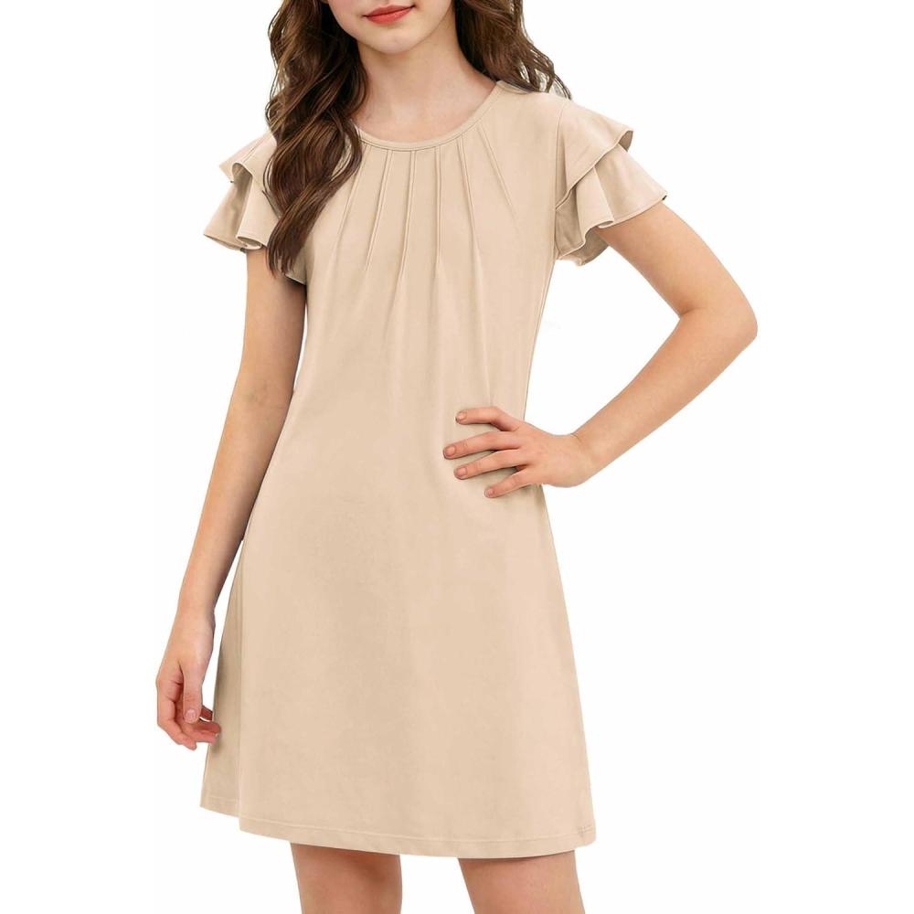 image:imageArshiner Girls Summer Dress Tween Flutter Sleeve Pleated Front A Line Boho Beach Casual DressesBeige