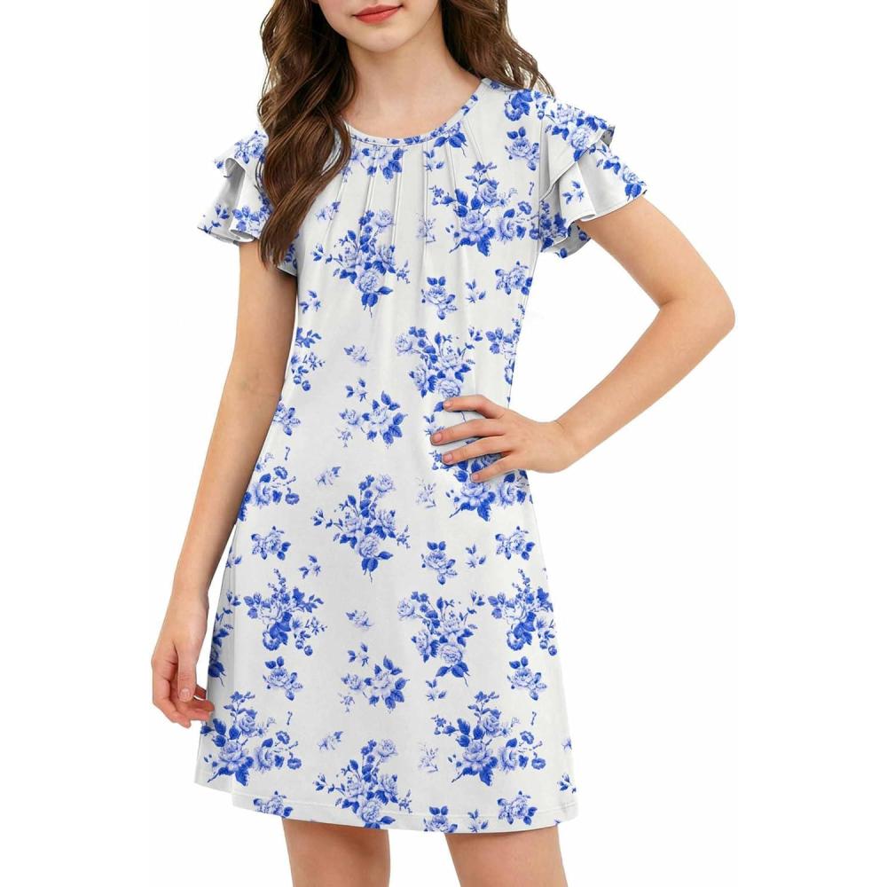 image:imageArshiner Girls Summer Dress Tween Flutter Sleeve Pleated Front A Line Boho Beach Casual DressesBlue Floral