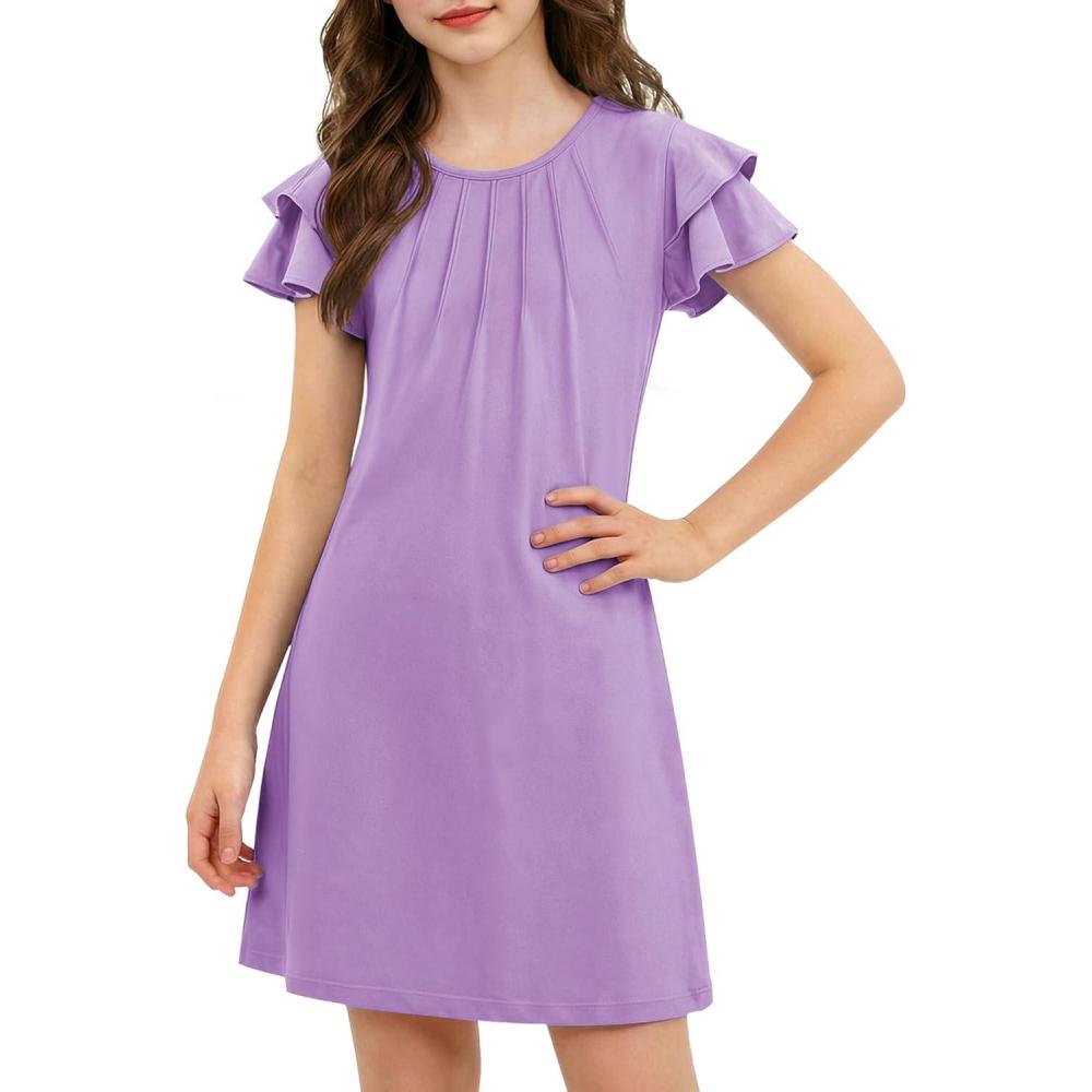 image:imageArshiner Girls Summer Dress Tween Flutter Sleeve Pleated Front A Line Boho Beach Casual DressesPurple