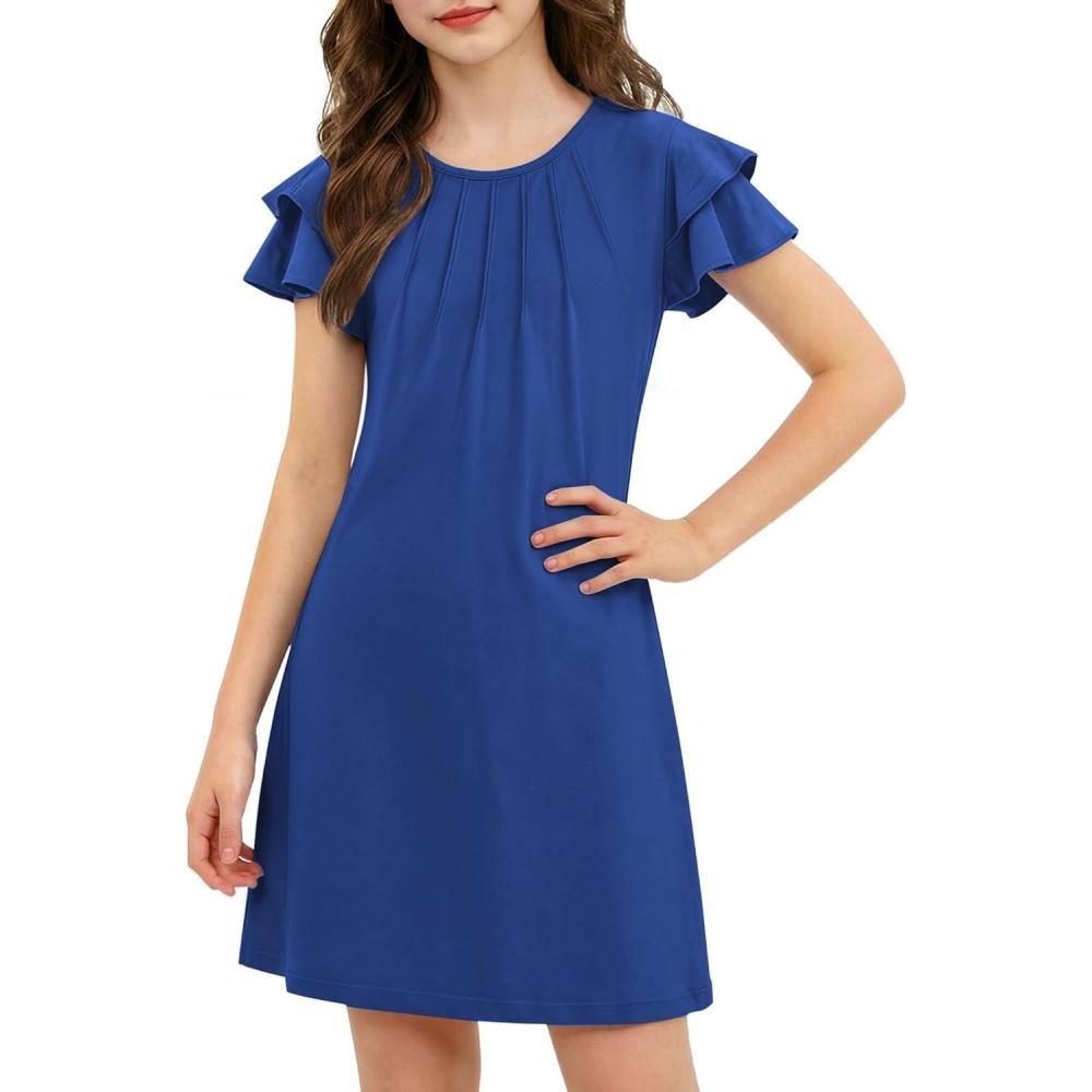 image:imageArshiner Girls Summer Dress Tween Flutter Sleeve Pleated Front A Line Boho Beach Casual DressesRoyal Blue