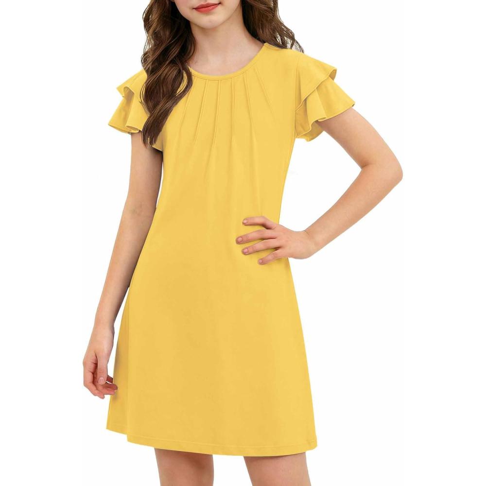 image:imageArshiner Girls Summer Dress Tween Flutter Sleeve Pleated Front A Line Boho Beach Casual DressesYellow