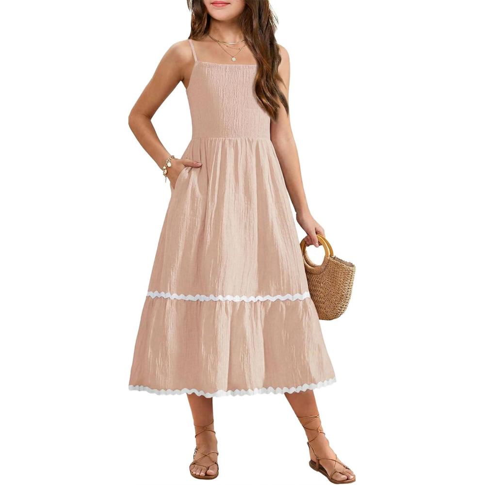image:imageArshiner Girls Summer Spaghetti Strap Dresses Flowy Tiered Cami Maxi Sundress with PocketsChampagne