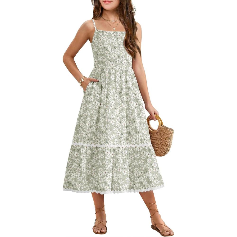 image:imageArshiner Girls Summer Spaghetti Strap Dresses Flowy Tiered Cami Maxi Sundress with PocketsFloral Green