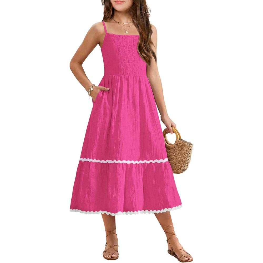 image:imageArshiner Girls Summer Spaghetti Strap Dresses Flowy Tiered Cami Maxi Sundress with PocketsHot Pink