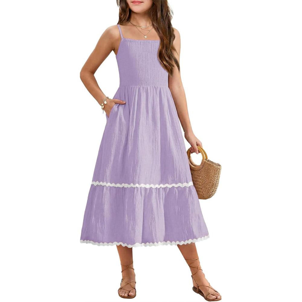 image:imageArshiner Girls Summer Spaghetti Strap Dresses Flowy Tiered Cami Maxi Sundress with PocketsLavender