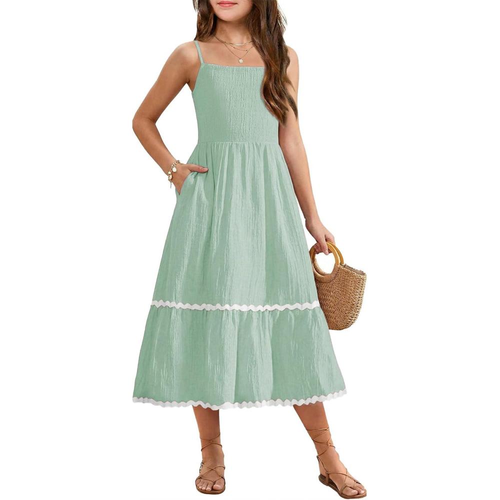 image:imageArshiner Girls Summer Spaghetti Strap Dresses Flowy Tiered Cami Maxi Sundress with PocketsSage Green