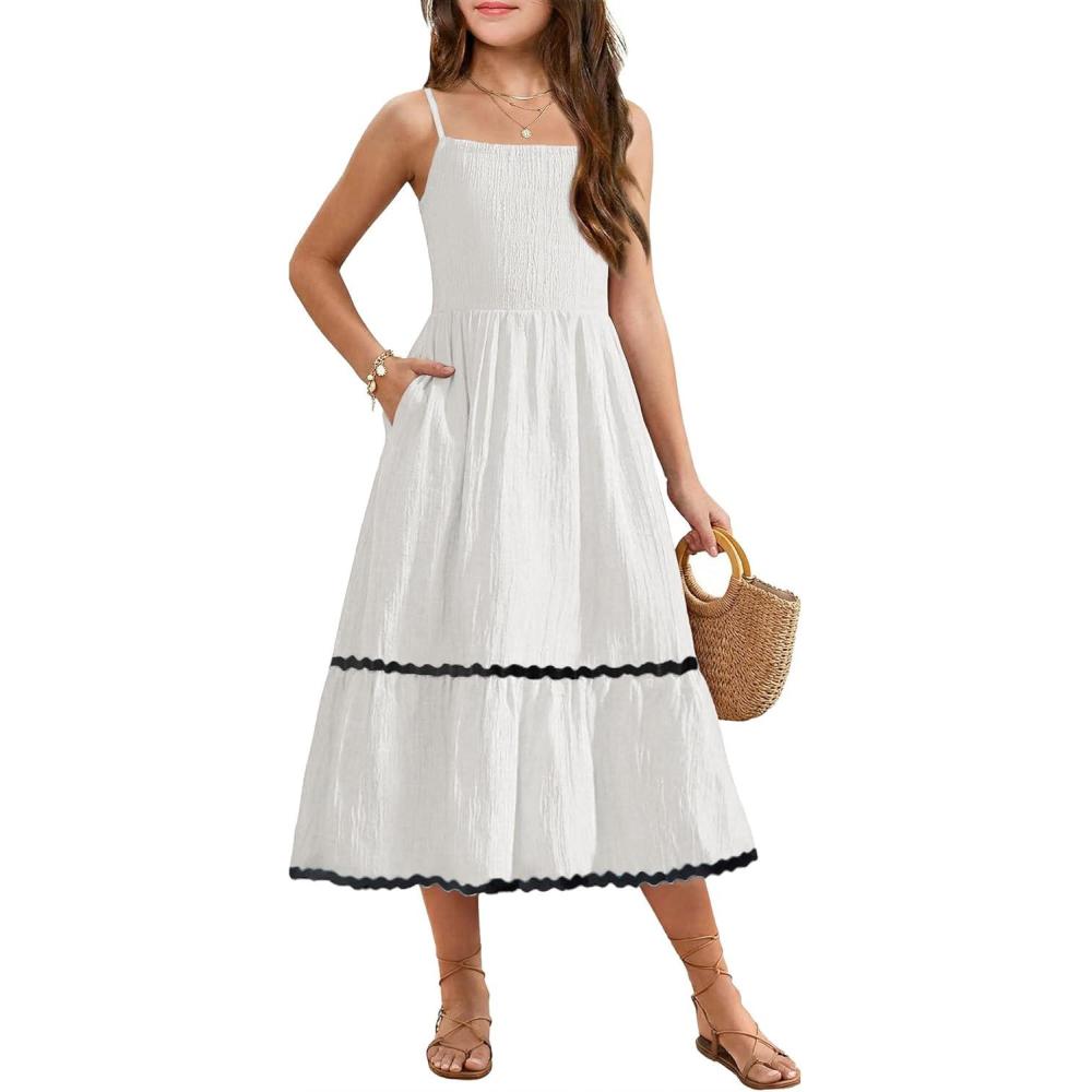 image:imageArshiner Girls Summer Spaghetti Strap Dresses Flowy Tiered Cami Maxi Sundress with PocketsWhite