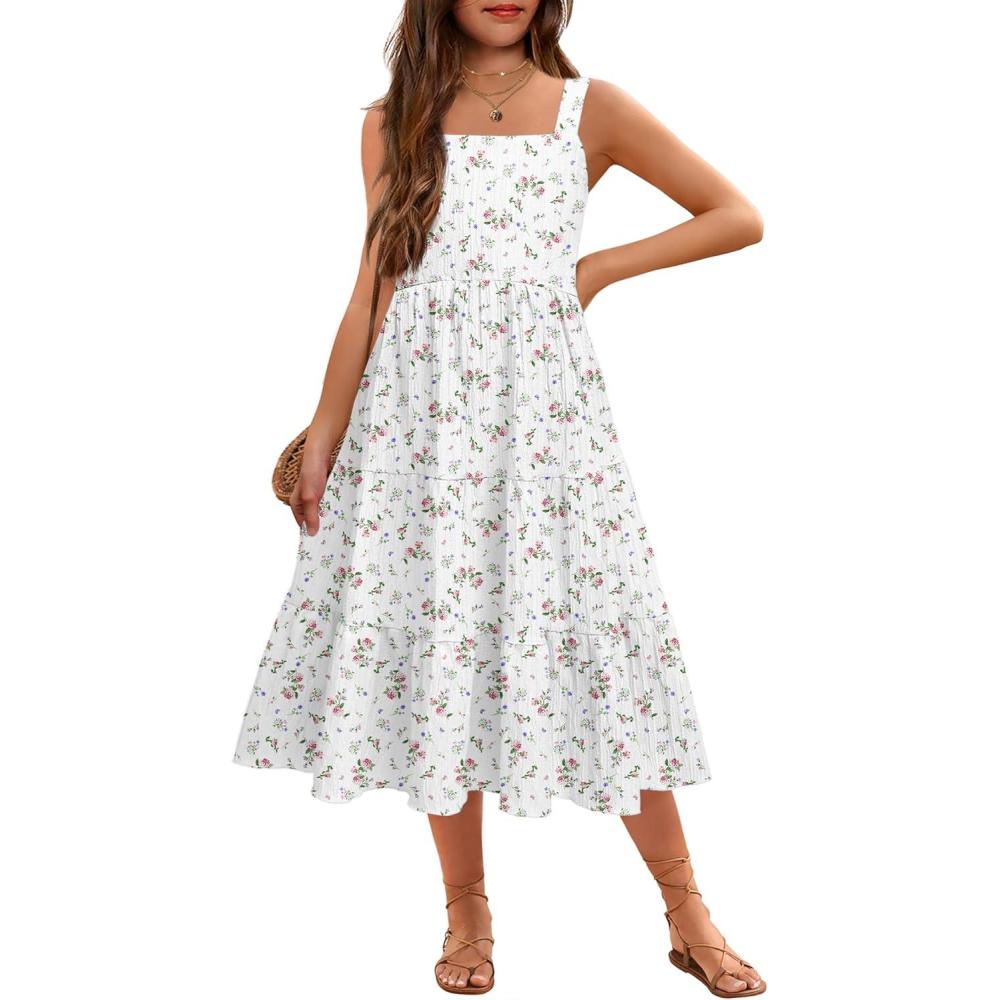image:imageArshiner Girls Sundresses Summer Boho Strap Tiered Cami Maxi Dresses with PocketsPink White Floral