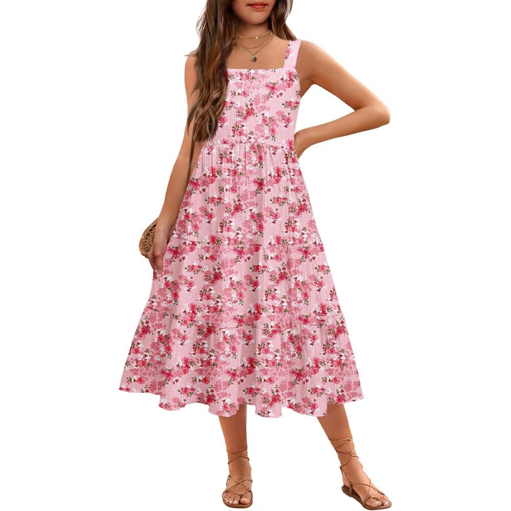 image:imageArshiner Girls Sundresses Summer Boho Strap Tiered Cami Maxi Dresses with PocketsPink Floral