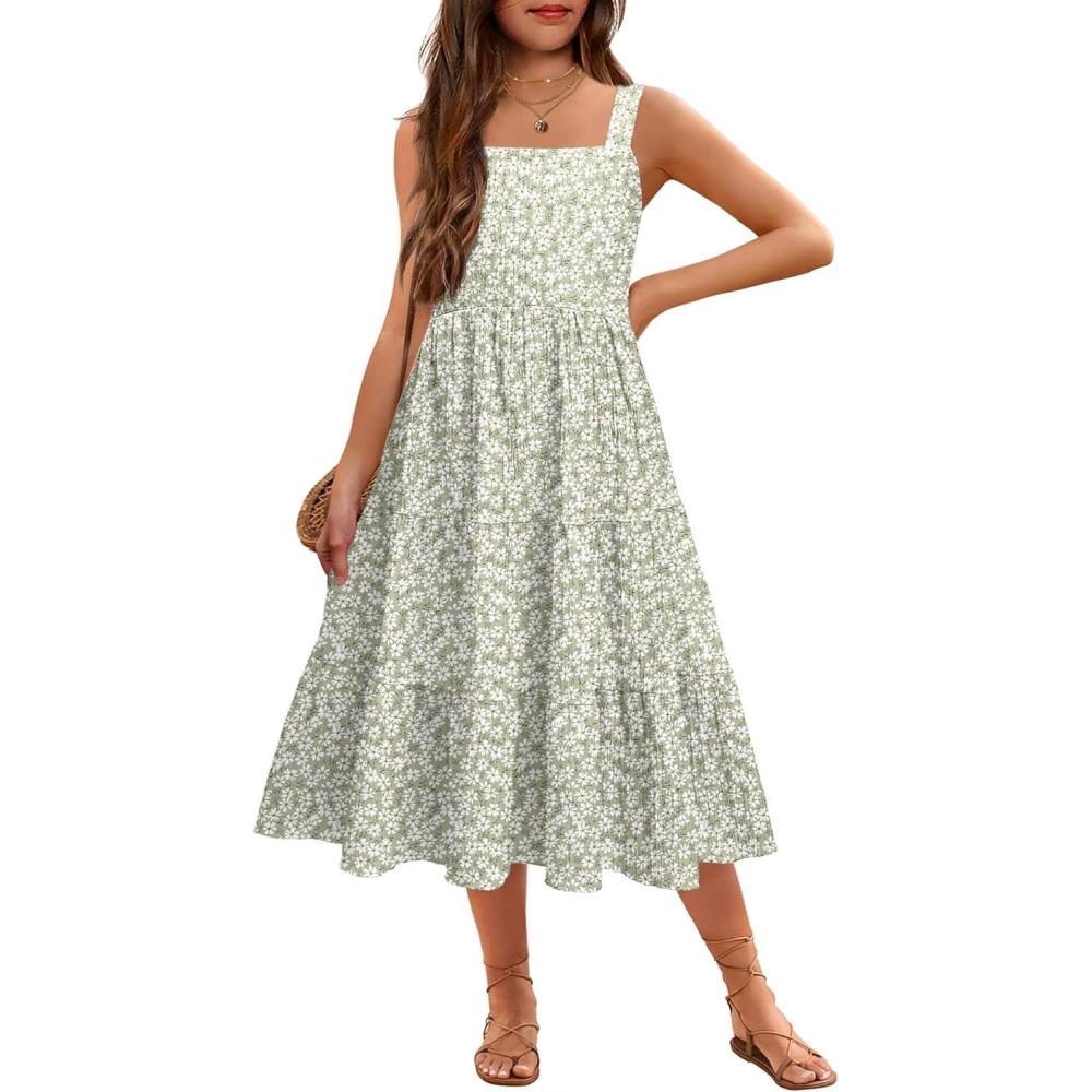 image:imageArshiner Girls Sundresses Summer Boho Strap Tiered Cami Maxi Dresses with PocketsWhite Green Floral