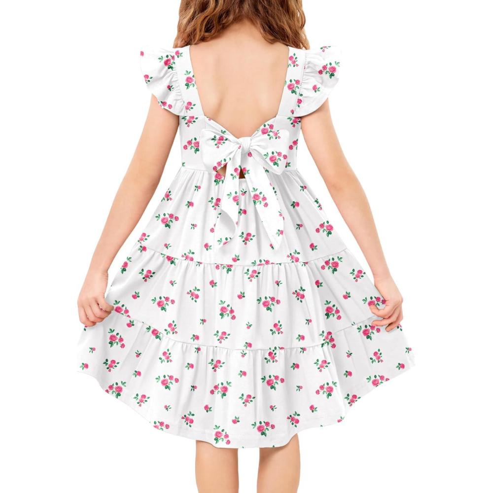 image:imageArshiner Toddler Dress Little Girls Summer Cotton Backless High Low Hem Beach Casual Sundress with PocketsWhite Floral