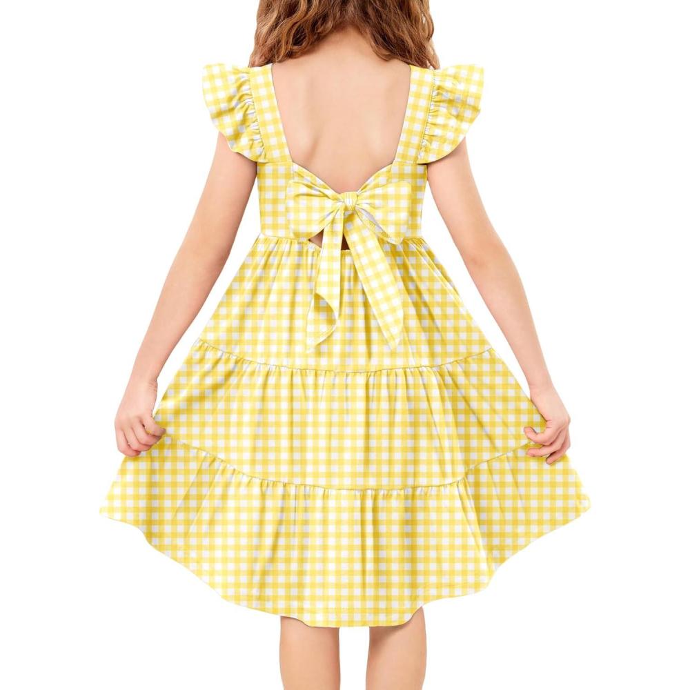 image:imageArshiner Toddler Dress Little Girls Summer Cotton Backless High Low Hem Beach Casual Sundress with PocketsYellow White Plaid
