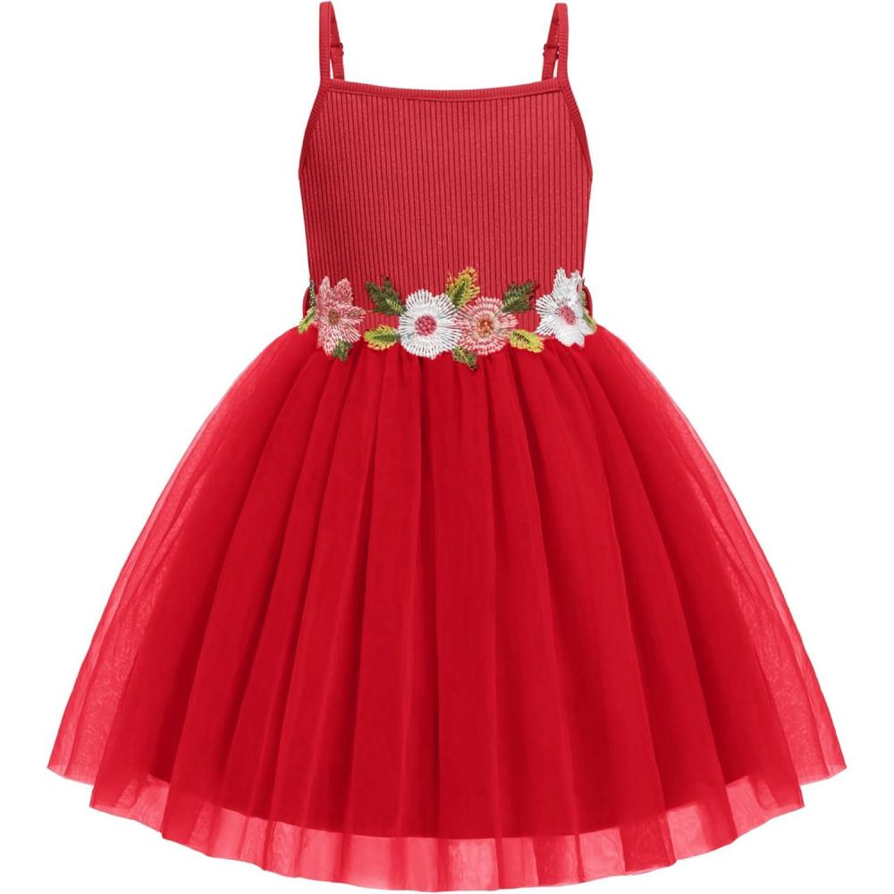 image:imageArshiner Toddler Tulle Dress Summer Spaghetti Strap Party Tutu Flower Girl Dresses with Belt 38YRed