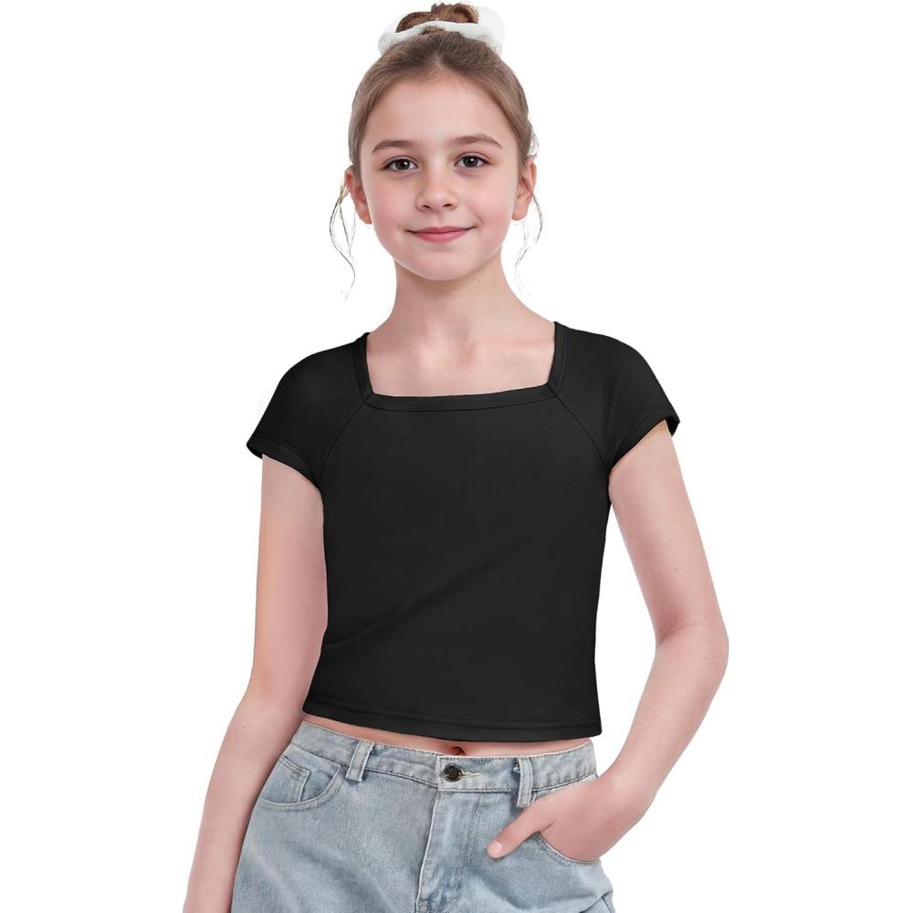 image:imageArshiner Trendy Crop Tops for Girls Short Sleeve Summer Shirts Square Neck Slim Fit Tee BlouseBlack