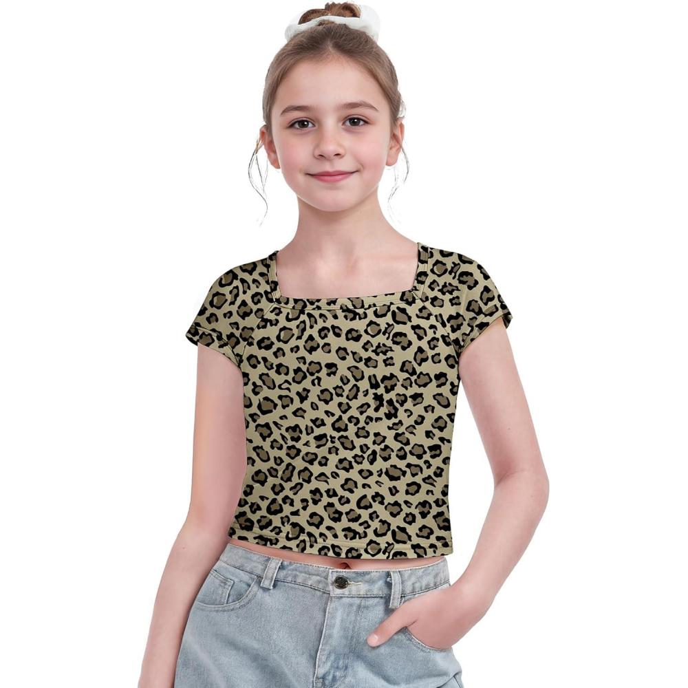 image:imageArshiner Trendy Crop Tops for Girls Short Sleeve Summer Shirts Square Neck Slim Fit Tee BlouseLeopard