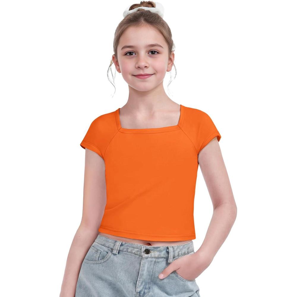 image:imageArshiner Trendy Crop Tops for Girls Short Sleeve Summer Shirts Square Neck Slim Fit Tee BlouseOrange