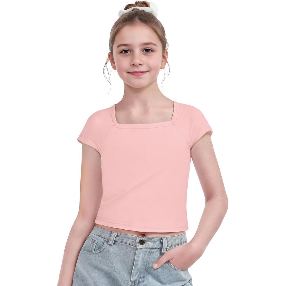 image:imageArshiner Trendy Crop Tops for Girls Short Sleeve Summer Shirts Square Neck Slim Fit Tee BlousePink