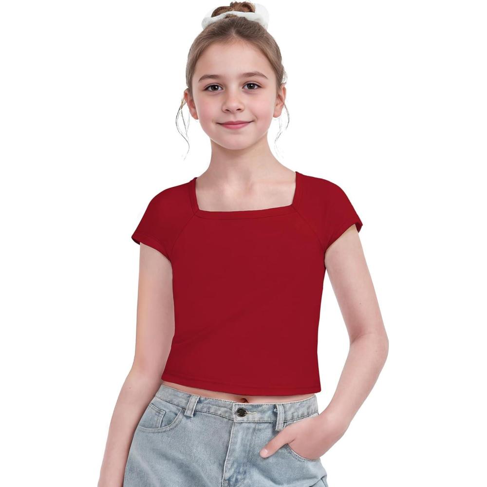image:imageArshiner Trendy Crop Tops for Girls Short Sleeve Summer Shirts Square Neck Slim Fit Tee BlouseRed