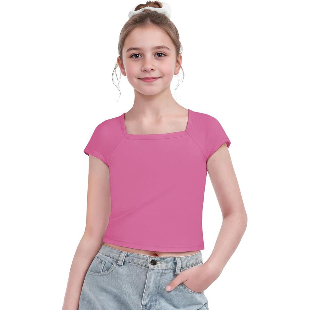 image:imageArshiner Trendy Crop Tops for Girls Short Sleeve Summer Shirts Square Neck Slim Fit Tee BlouseRose Red