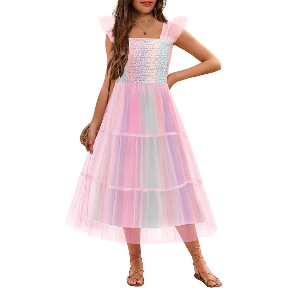 image:imageArshiner Tween Girls Dress Ruffle Sleeve Elastic Straps Smocked ALine Tulle Summer Long Patry Birthday SundressRainbow