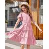 Arshiner Girls Dresses Summer Ruffle Sleeve Swiss Dot V Neck Twirl Birthday Party Midi Dress with Pockets(Pink)