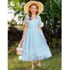Arshiner Girls Dresses Summer Sleeveless Bow-Tie Straps Birthday Party Long Tulle Dress(Light Blue)