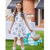 Arshiner Girls Summer Dress Tween Flutter Sleeve Pleated Front A Line Boho Beach Casual Dresses(Blue Floral)