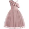 Arshiner Girls Dresses Ruffle Trim Off Shoulder Formal Wedding Party Fancy Summer Tulle Dress for 6-14 Years(Dusty Pink)