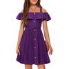 Arshiner Girls Dresses Summer Spaghetti Strap Cold Shoulder Ruffle Button Down A Line Dresses(Dark Purple)