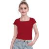 Arshiner Trendy Crop Tops for Girls Short Sleeve Summer Shirts Square Neck Slim Fit Tee Blouse(Red)