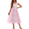 Arshiner Tween Girls Dress Ruffle Sleeve Elastic Straps Smocked A-Line Tulle Summer Long Patry Birthday Sundress(Rainbow)