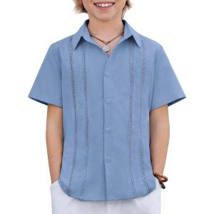 Arshiner Boys Cuban Guayabera Shirt Short Sleeve Button Down Shirt Summer Casual Linen Shirts for Kids 4-12 Years(Blue)