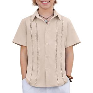 Arshiner Boys Cuban Guayabera Shirt Short Sleeve Button Down Shirt Summer Casual Linen Shirts for Kids 4-12 Years(Champagne)