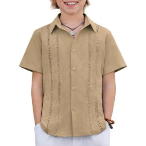 Arshiner Boys Cuban Guayabera Shirt Short Sleeve Button Down Shirt Summer Casual Linen Shirts for Kids 4-12 Years(Khaki)