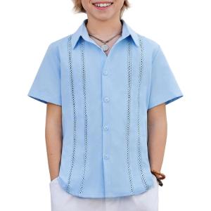 Arshiner Boys Cuban Guayabera Shirt Short Sleeve Button Down Shirt Summer Casual Linen Shirts for Kids 4-12 Years(Light Blue)