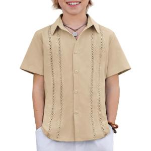 Arshiner Boys Cuban Guayabera Shirt Short Sleeve Button Down Shirt Summer Casual Linen Shirts for Kids 4-12 Years(Light Khaki)