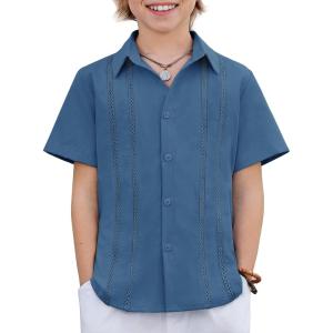Arshiner Boys Cuban Guayabera Shirt Short Sleeve Button Down Shirt Summer Casual Linen Shirts for Kids 4-12 Years(Navy Blue)