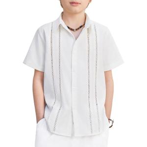 Arshiner Boys Cuban Guayabera Shirt Short Sleeve Button Down Shirt Summer Casual Linen Shirts for Kids 4-12 Years(White)