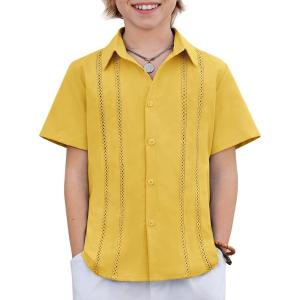 Arshiner Boys Cuban Guayabera Shirt Short Sleeve Button Down Shirt Summer Casual Linen Shirts for Kids 4-12 Years(Yellow)