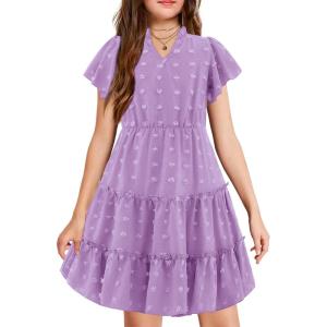 Arshiner Girls 2025 Summer Dresses Pom Poms Flutter Ruffle Sleeve Midi Polka Dot V Neck Dress with Pockets(Lilac)