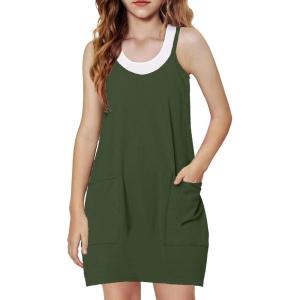Arshiner Girls Dress with Shorts Casual Summer Spaghetti Straps One Piece Romper Dresses with Pockets for Kid 5-15 Y(Army Green)