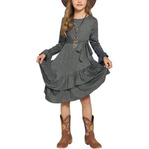 Arshiner Girls Dresses Loose Plain Casual Ruffle Swing Midi Dress with Belt for 5-14 Years(Gray)