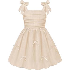 Arshiner Girls Dresses Ruched Smocked Back Spaghetti Strap Bow Summer Boho Beach Party Sundress(Champagne)