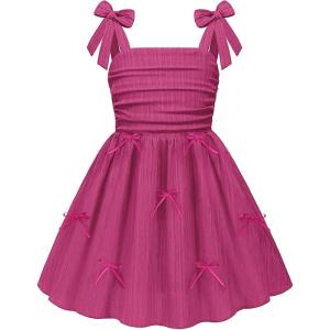 Arshiner Girls Dresses Ruched Smocked Back Spaghetti Strap Bow Summer Boho Beach Party Sundress(Hot Pink)
