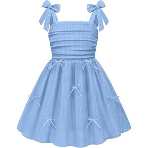 Arshiner Girls Dresses Ruched Smocked Back Spaghetti Strap Bow Summer Boho Beach Party Sundress(Light Blue)