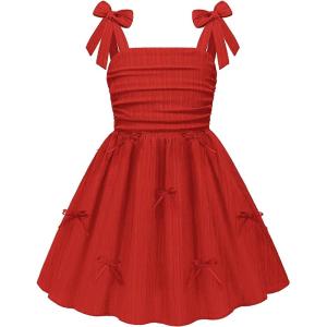 Arshiner Girls Dresses Ruched Smocked Back Spaghetti Strap Bow Summer Boho Beach Party Sundress(Red)