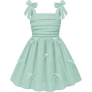 Arshiner Girls Dresses Ruched Smocked Back Spaghetti Strap Bow Summer Boho Beach Party Sundress(Sage Green)
