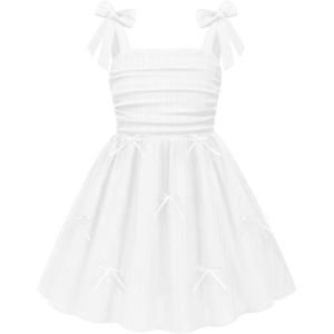 Arshiner Girls Dresses Ruched Smocked Back Spaghetti Strap Bow Summer Boho Beach Party Sundress(White)